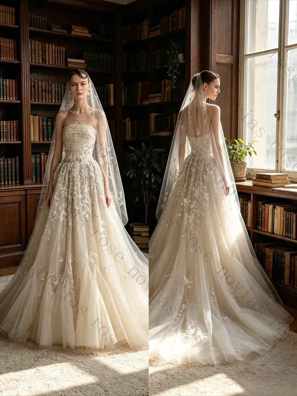 Customized Romantic A Line Wedding Dress Strapless Tube Neck Cathedral Train Floral Sequin Applique Layer Champagne Bridal Gown