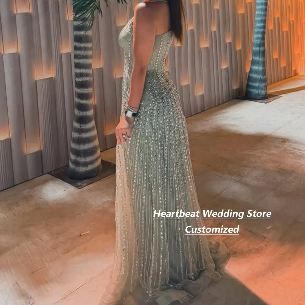 Customized Sage Green Crystal Beaded  Halter Tulle Mother Of The Bride Gown Neck Vertical  A Line Floor Length Evening Dress