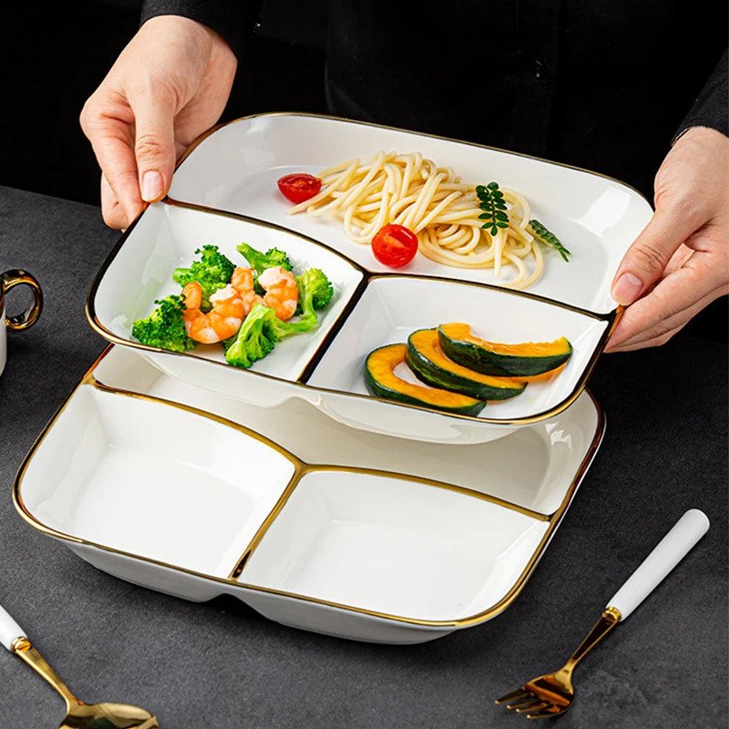 

Ceramic Electroplating Craft Three Dividing Plate New 10 Inch Creative Weight Loss Tableware White Light Luxury Rectangle Plate