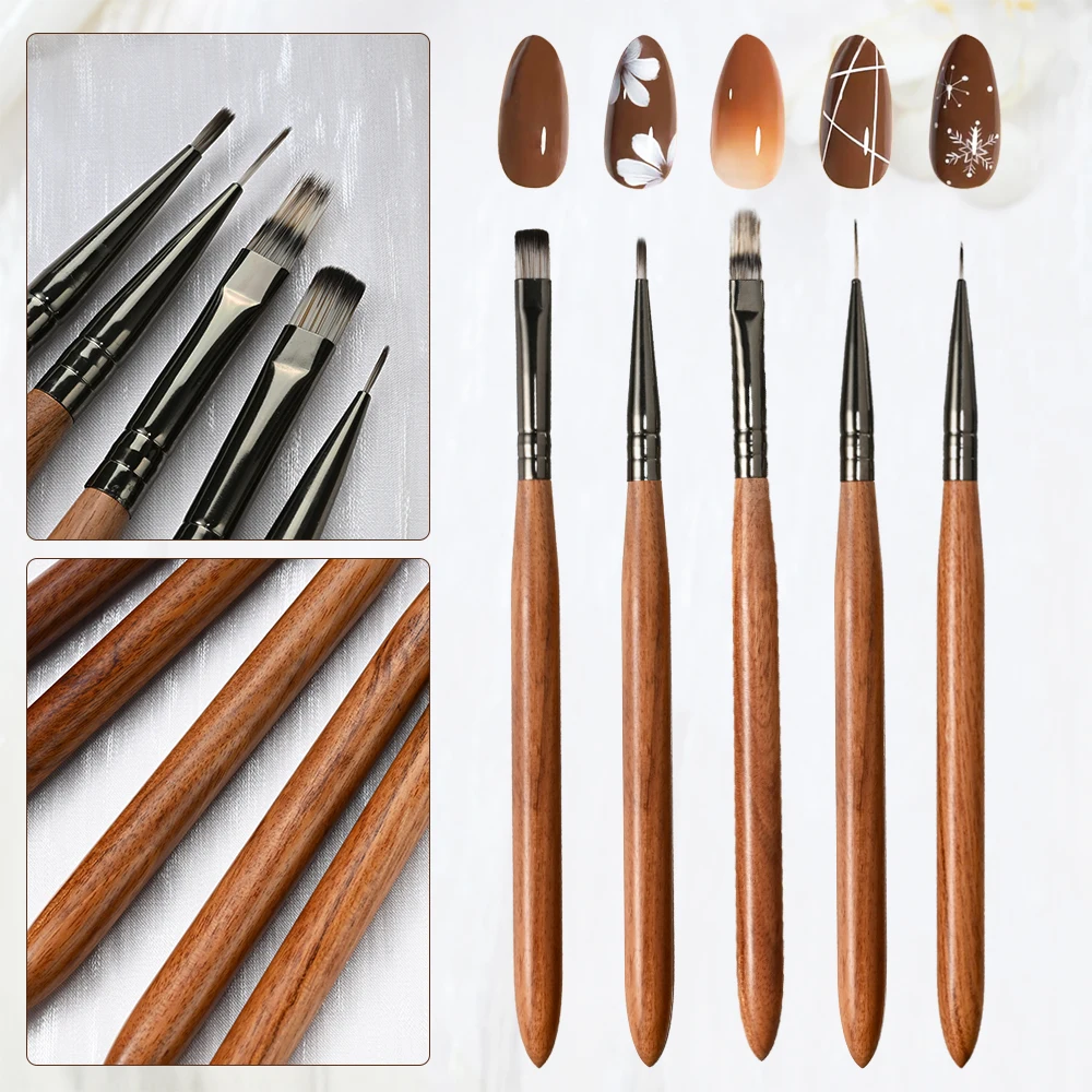 

5pcs Sandalwood Handle Nail Brush Gel Polish Painting/Thin Long Lines/Gradient Nail Drawing Pens Brush Professional Nail Supply