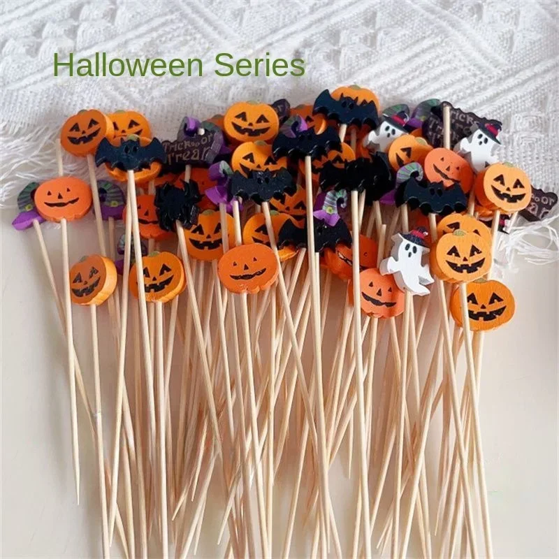 200/100Pc Halloween Disposable Bamboo Skewers Pumpkin Ghost Fruit Fork Buffet Dessert Cocktail Bamboo Stick Halloween Decoration