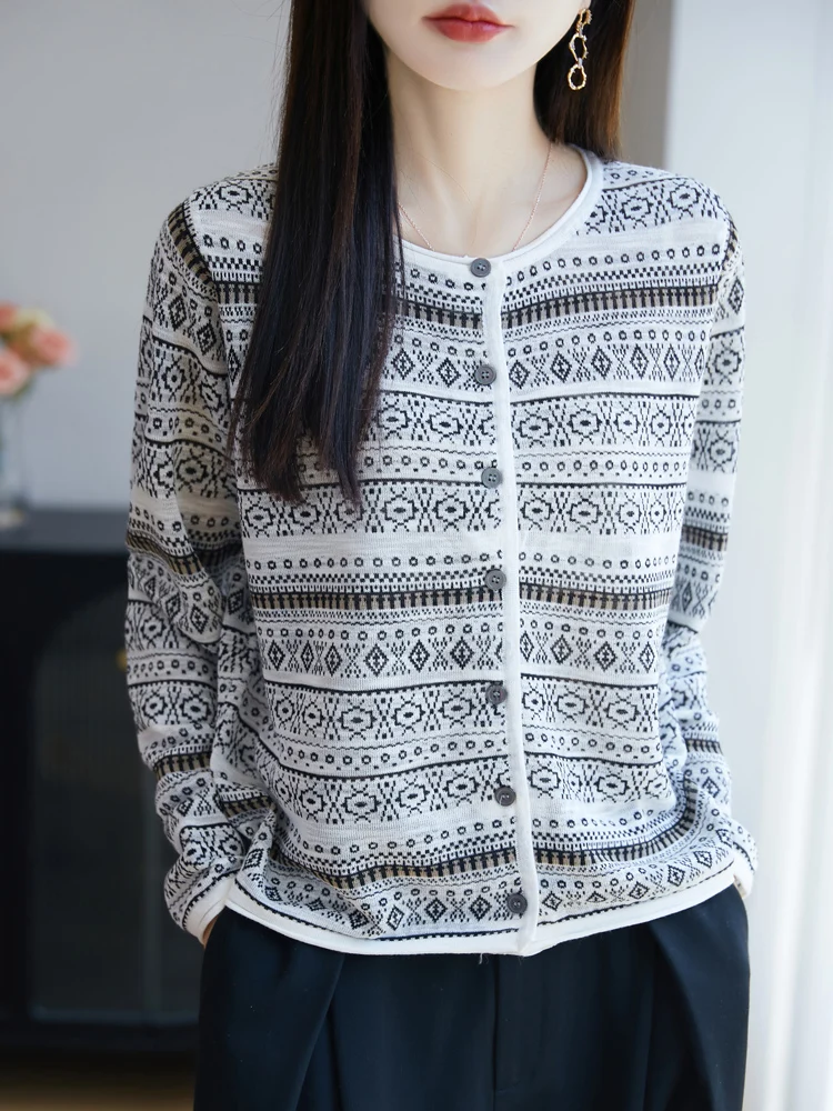 

New Cardigan Long Sleeves Thin Style O-NeckJacquard T-Shirt Women's High Grade T-Shirt Fashion Comfortable Leisure T-Shirt Tops