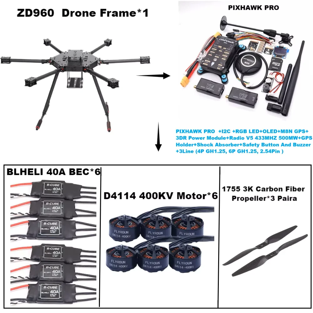 Angeltoy ZD960 PRO M8N M9N M10 Full Carbon Fiber  Hexa-Rotor Frame BLHELI 40A ESC Flight Control Radio Telemetry Set