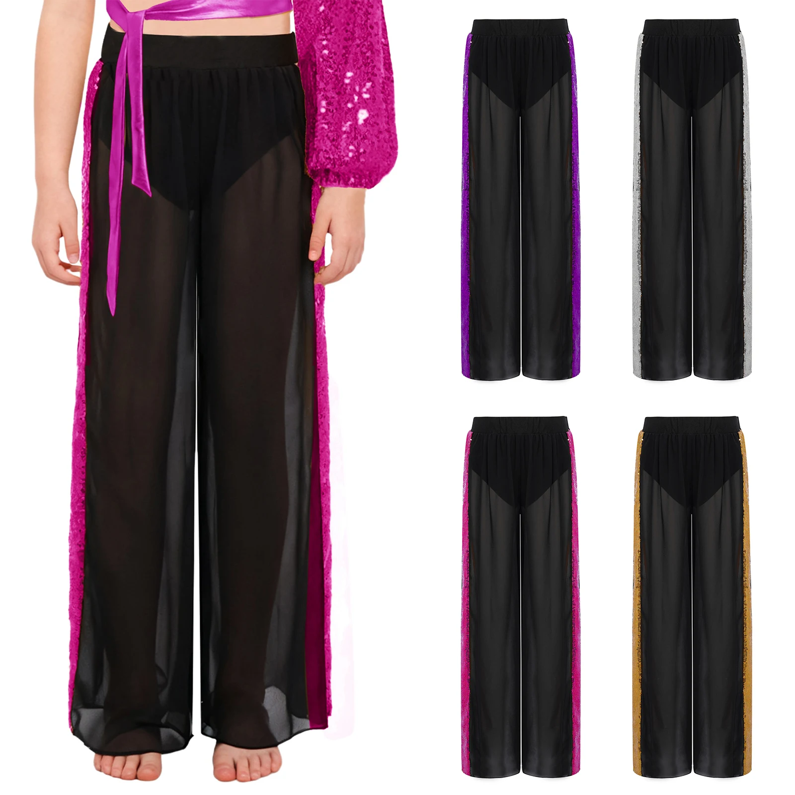 New Yoga Wide-Leg Pants Kids Girls Fitness Shiny Sequins See-Through Chiffon Workout Pants Lyrical Dance Performance Costume