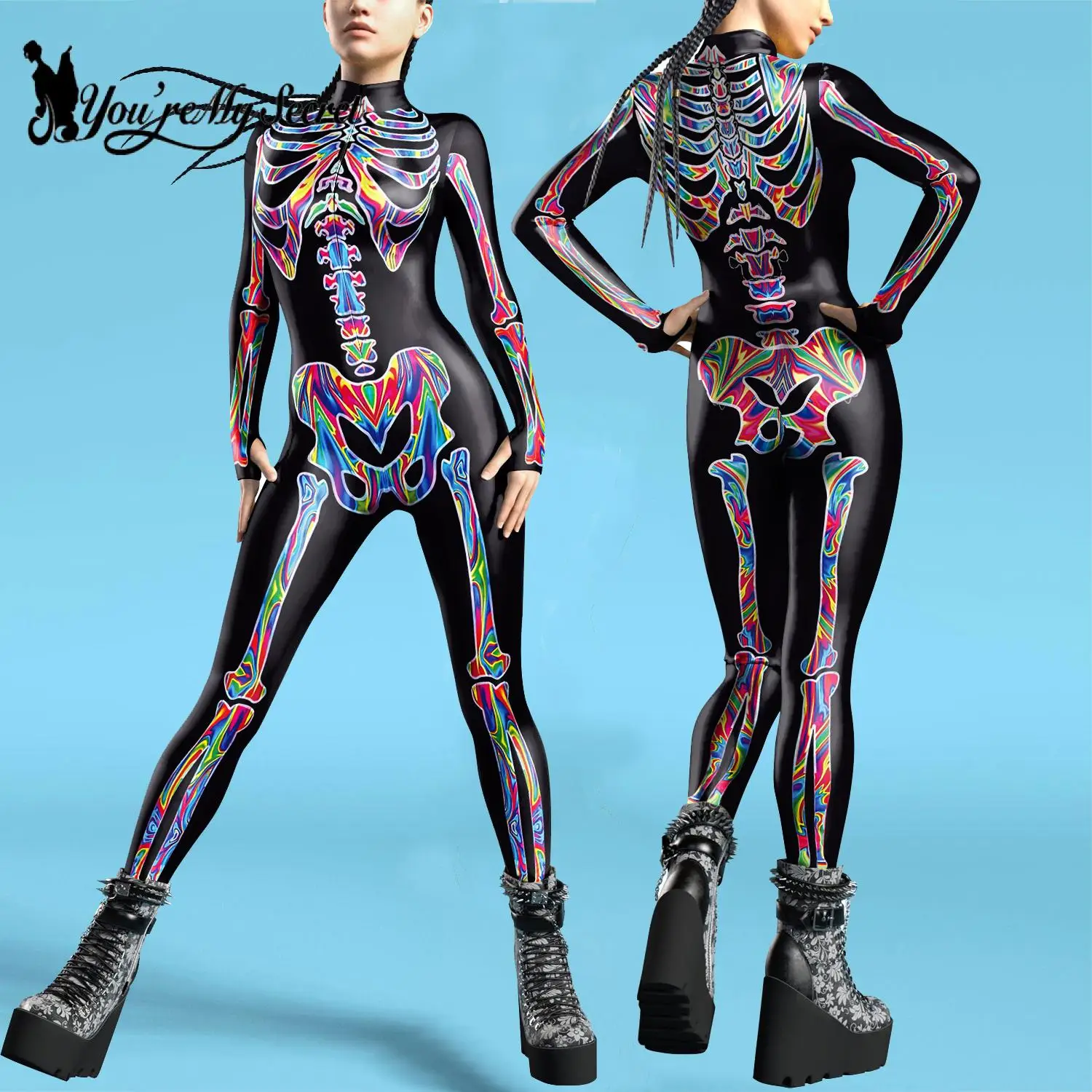 [Je Bent Mijn Geheim] Halloween Kleurrijke 3d Skelet Vrouwen Bodysuits Zentai Jumpsuit Front Rits Cosplay Kostuum Voor Vrouwelijke Outfit