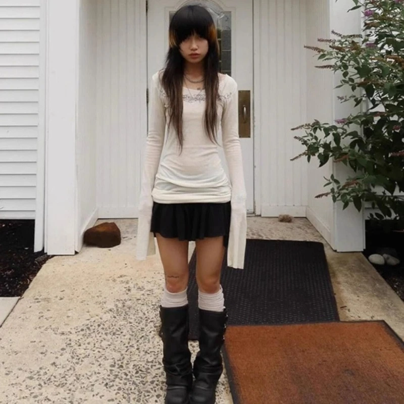 

Y2k уличная футболка в стиле ретро с длинным рукавом, женская повседневная тонкая футболка с принтом, сексуальные шикарные однотонные винтажные топы с круглым вырезом, осень 2023 г.