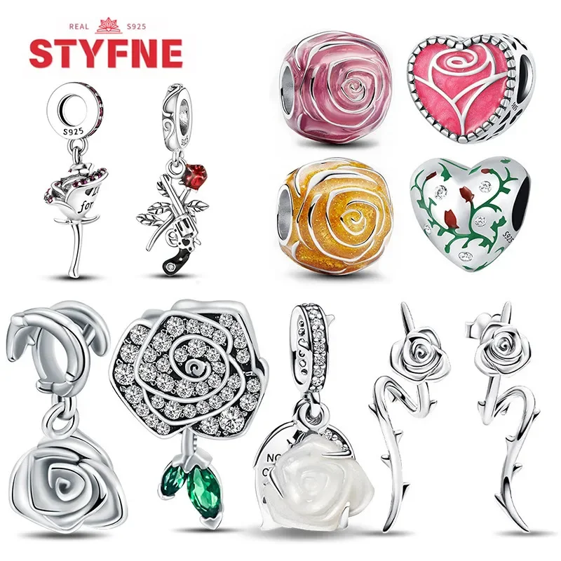 925 Silver Rose Pink Flower Shiny Zircon Charm Beads For Original Charms Original Bracelet for Women DIY fine Jewelry Gift