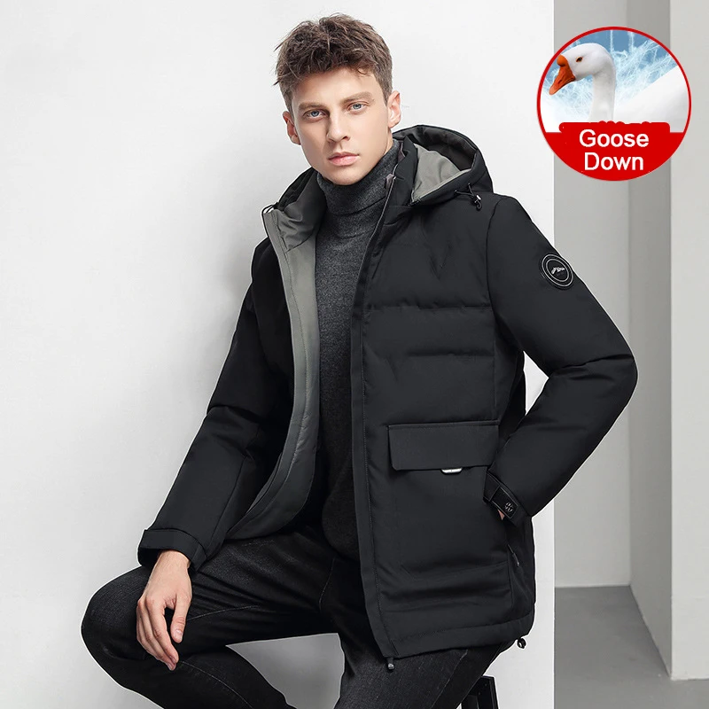 Chaquetas de invierno para hombre, abrigo de plumón de ganso blanco, Parkas de longitud media con sombrero extraíble, ropa de abrigo cálida a prueba