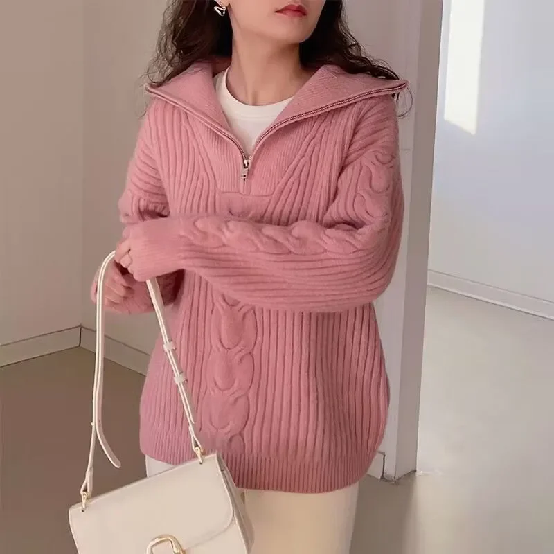 

Осень-зима 2026, новый шикарный пуловер с воротником на молнии, свитер, женская верхняя одежда, модные свободные трикотажные топы с длинными рукавами