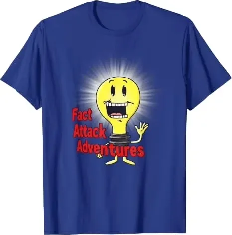 Fact Attack Adventures Cartoon Lightbulb T-shirt, Cute Smiling Bulb Character Graphic Tee, Unisex Casual Short Sleeve Top, Funny