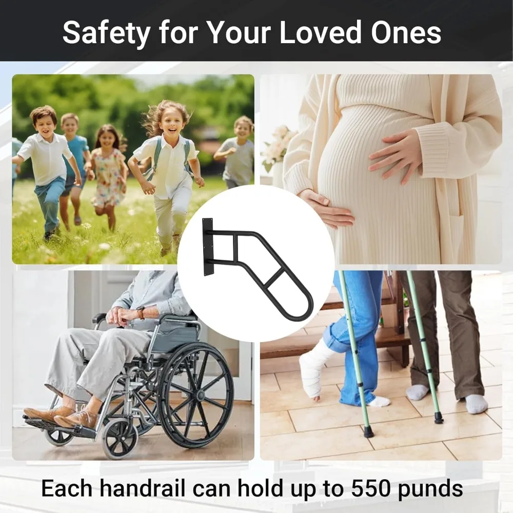 درابزين الدرج الخارجي لكبار السن والخطوات، درابزين مثبت على الحائط على شكل حرف U، مثالي للشرفات والطوابق والكراجات والحدائق، عبوتان #6