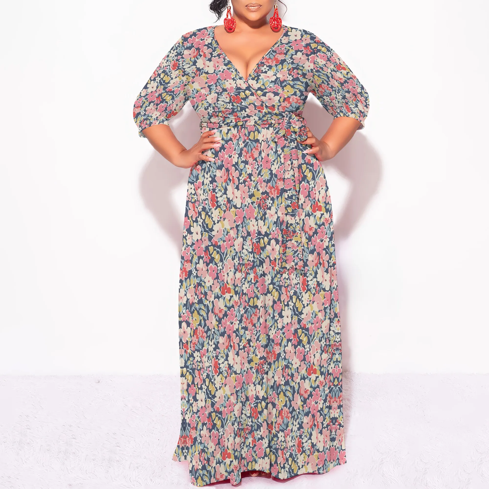 Floral V-Neck Belted Maxi Dress for Women - Elegant Puff Sleeve Wrap Summer Outfit