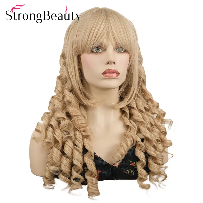 شعر مستعار ذهبي طويل مجعد من سترونج بيوتي، شعر مستعار للحفلات التنكرية للنساء، شعر صناعي ناعم طبيعي