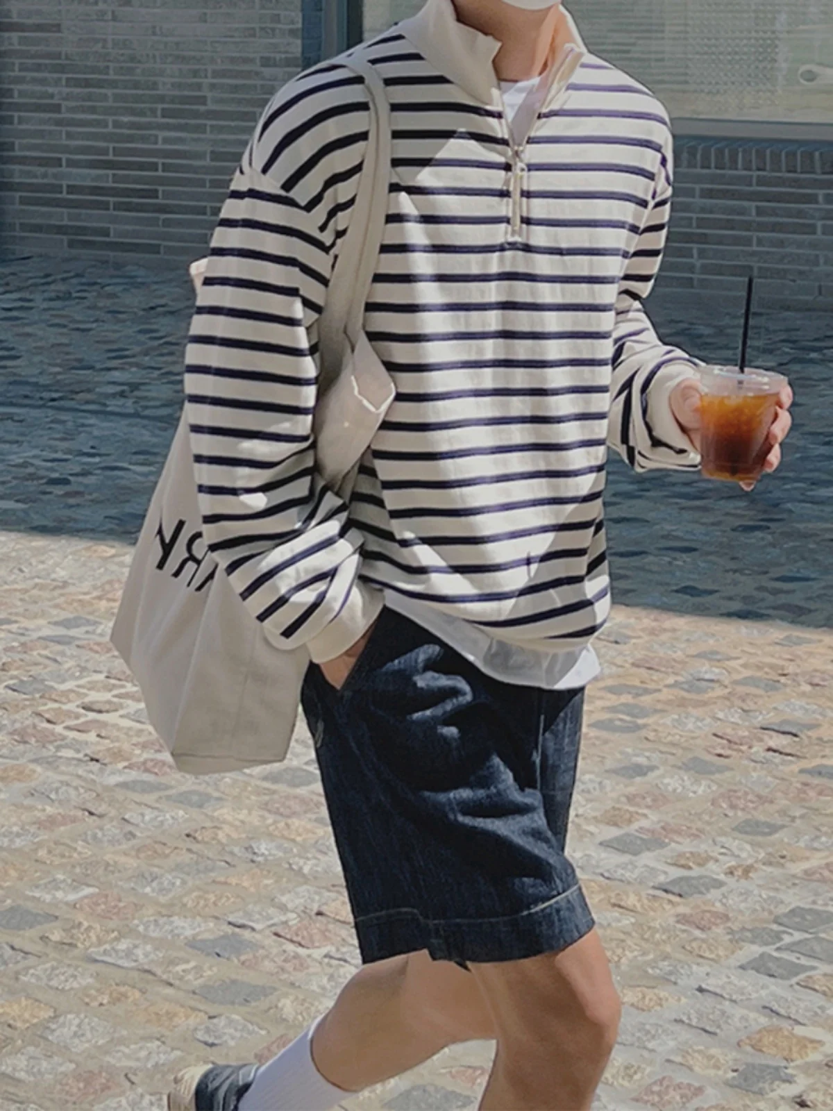 

American High Street Sport Sweatirt Men's Trendy Retro f Zip Loose Long Sve T-irt Small High Collar Striped Jaet