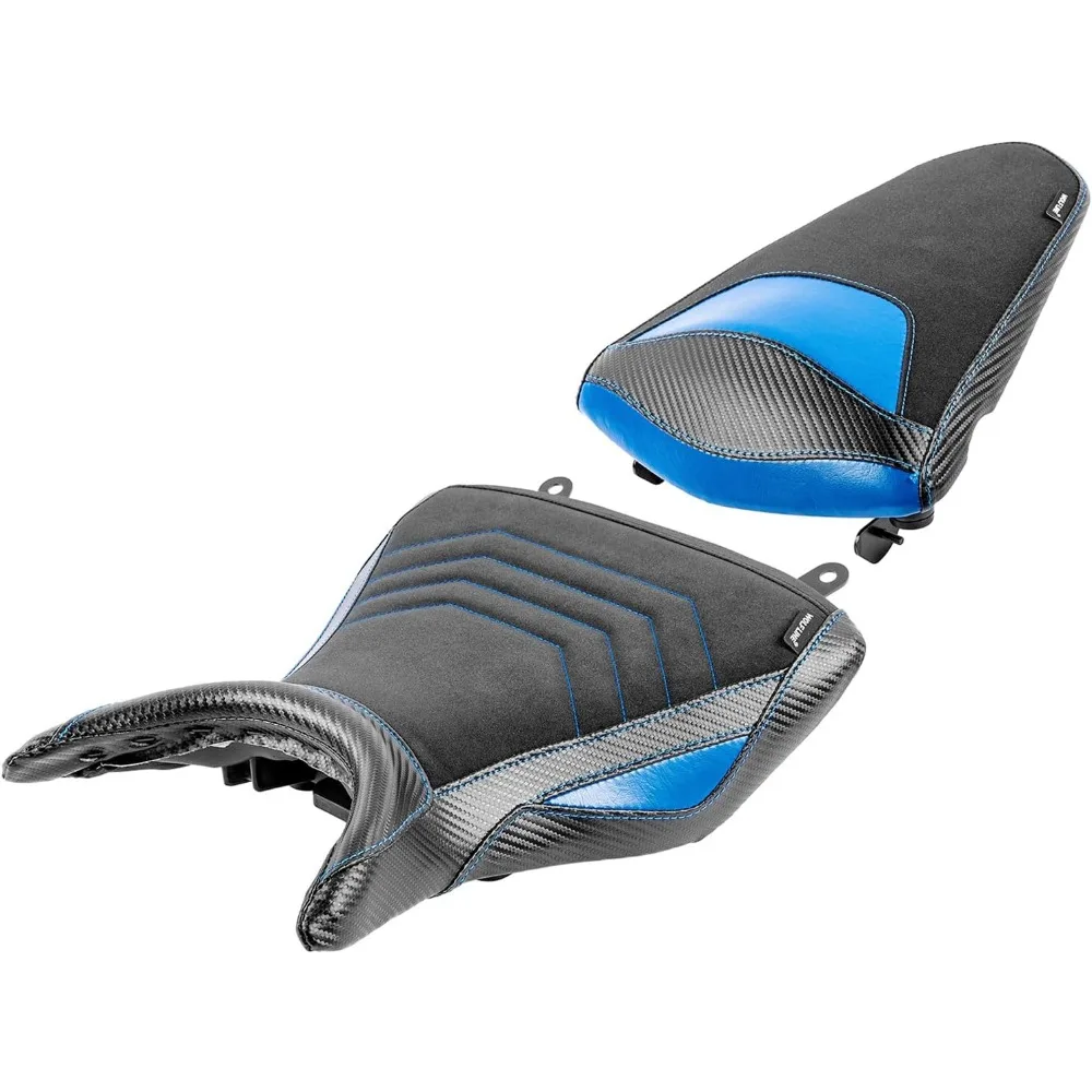 Motorcycle Leather Front Rider Saddle Solo Rear Passenger Seat Cushion Pillion Pad Compatible with MT-03 YZF-R3 2015-2024, Blue