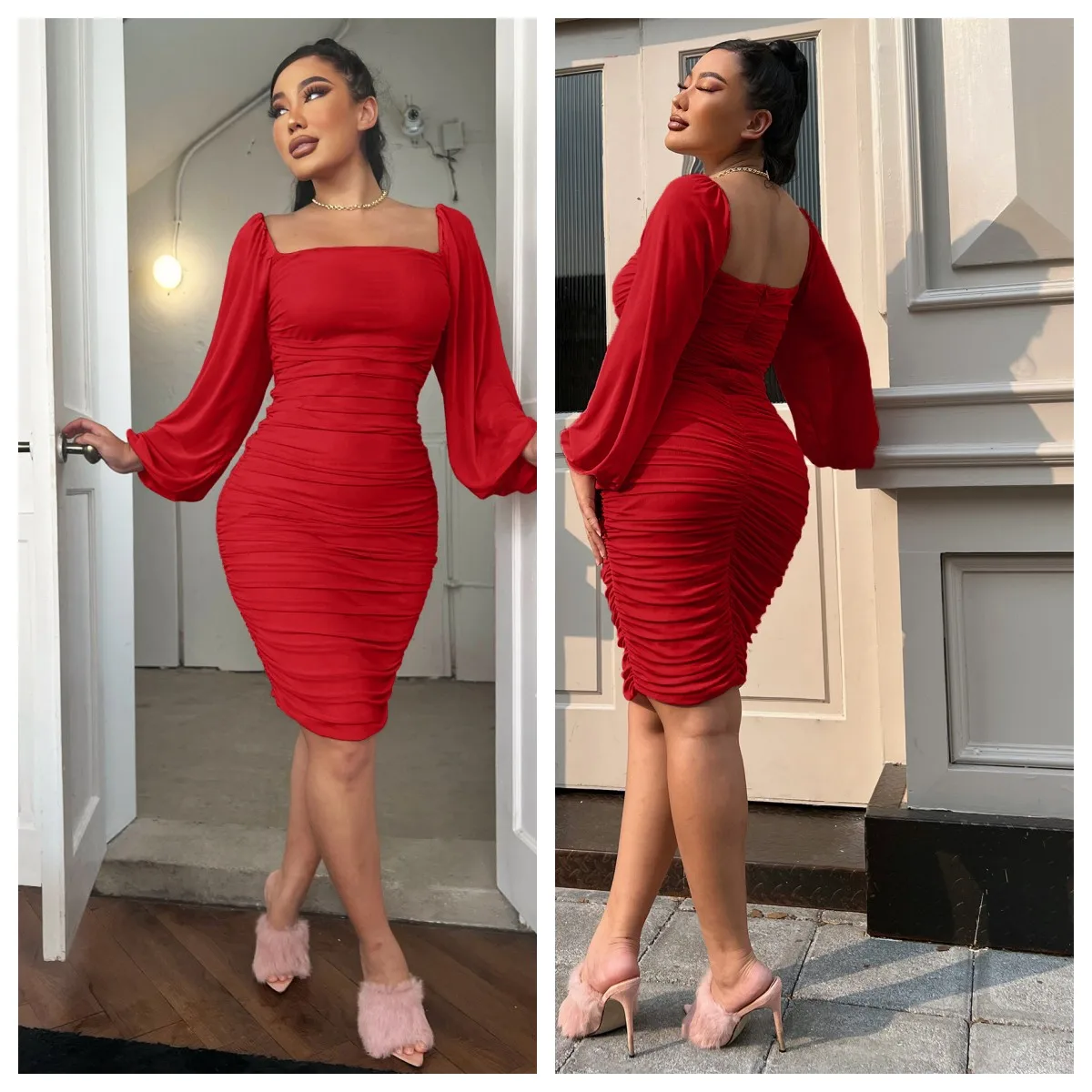 JLL-874#Evening Dress Sexy Tight Ruffled Women's Dress Cheap Wholesale Fashion Black Pink Red Light Brown Nightclub Party Prom