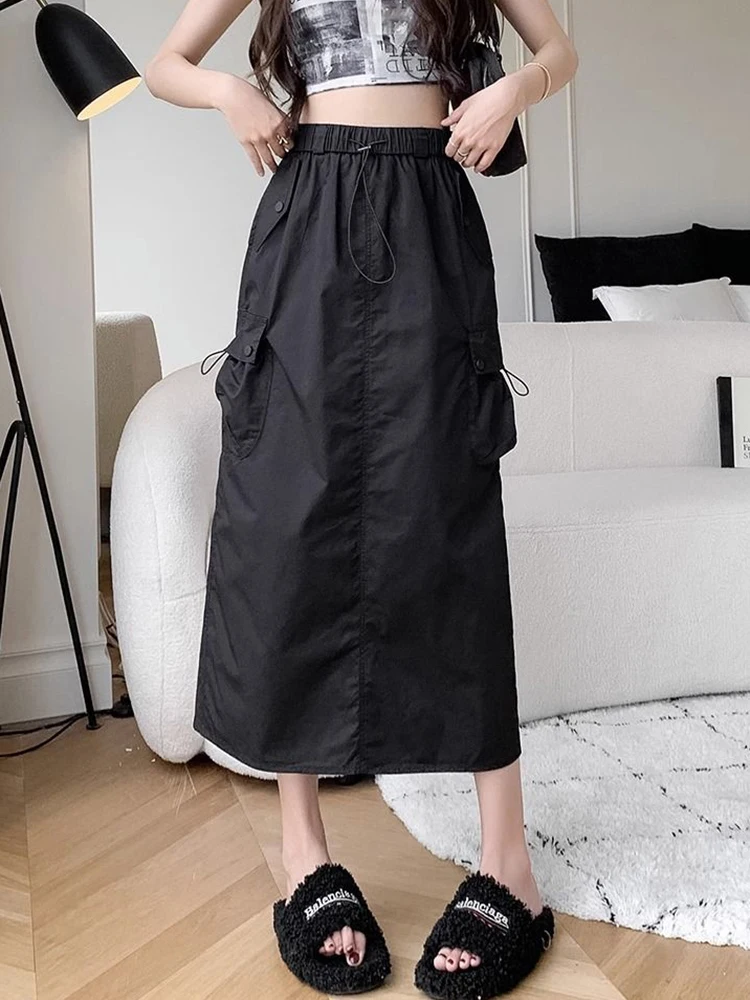 American Y2k Cargo Long Skirt Women High Waist Retro Back Slit Skirt Casual Streetwear Loose Harajuku Female A Line Skirts
