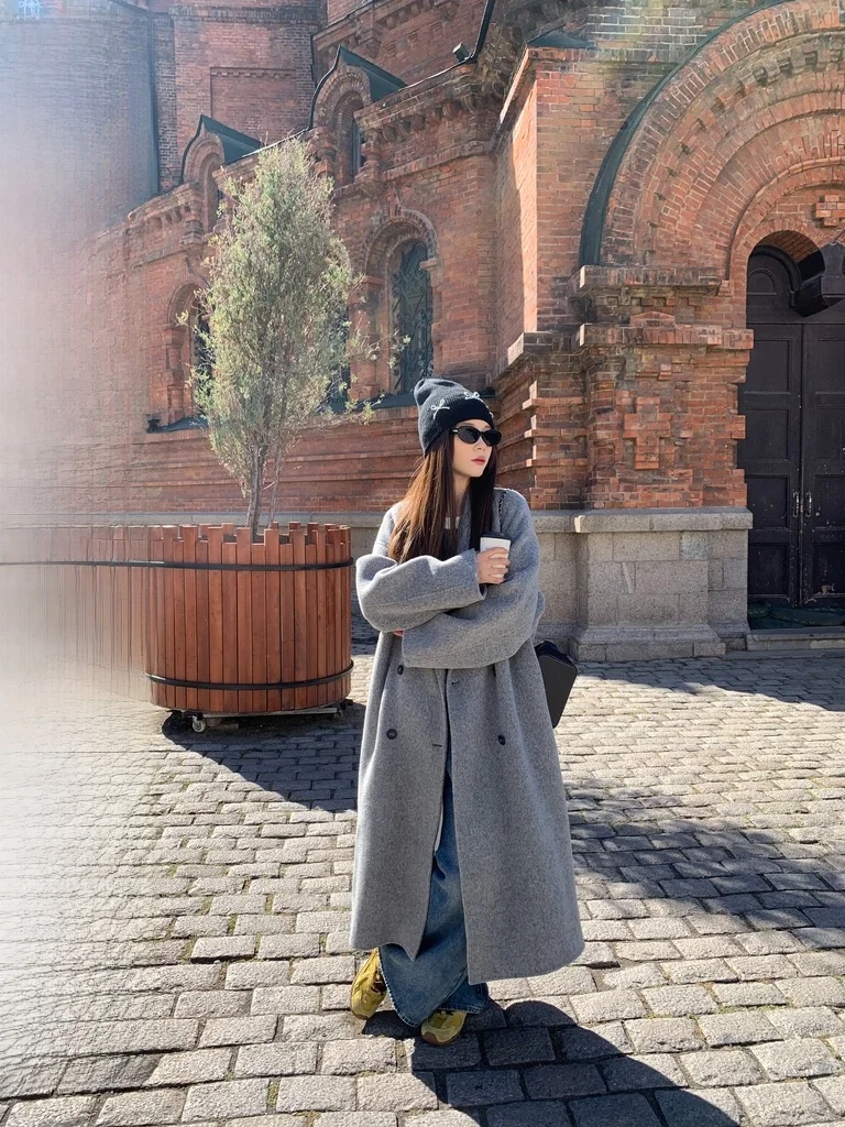 

Miaohua Home Twilight Coat Double-sided Woolen Coat Women's Loose Outerwear Korean Sle Autumn Winter Long Sve Button up