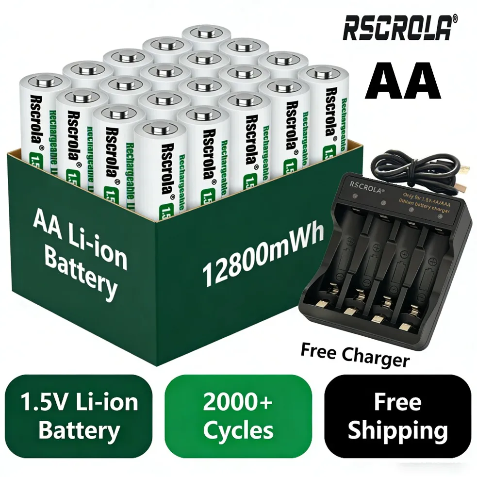 Rechargeable AA Battery with Charger, 12800mWh Long-lasting1.5V AA Li-ion Battery,Long Cycle,Low Self-discharge,for Home&Office