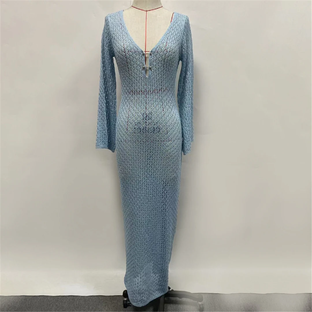 8 Farben, V-Ausschnitt, langärmeliges, gehäkeltes, gestricktes Tunika-Strandkleid, Strandmode, Strandbekleidung, Strand-Cover-up, Damen, V5046 – Detail 18