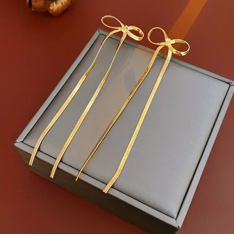 Schleife Tropfen Ohrringe Statement Schmuck Mädchen Geschenk Mode Lange Quaste Schleife Ohrringe für Frauen Edelstahl Flache Schlangenkette