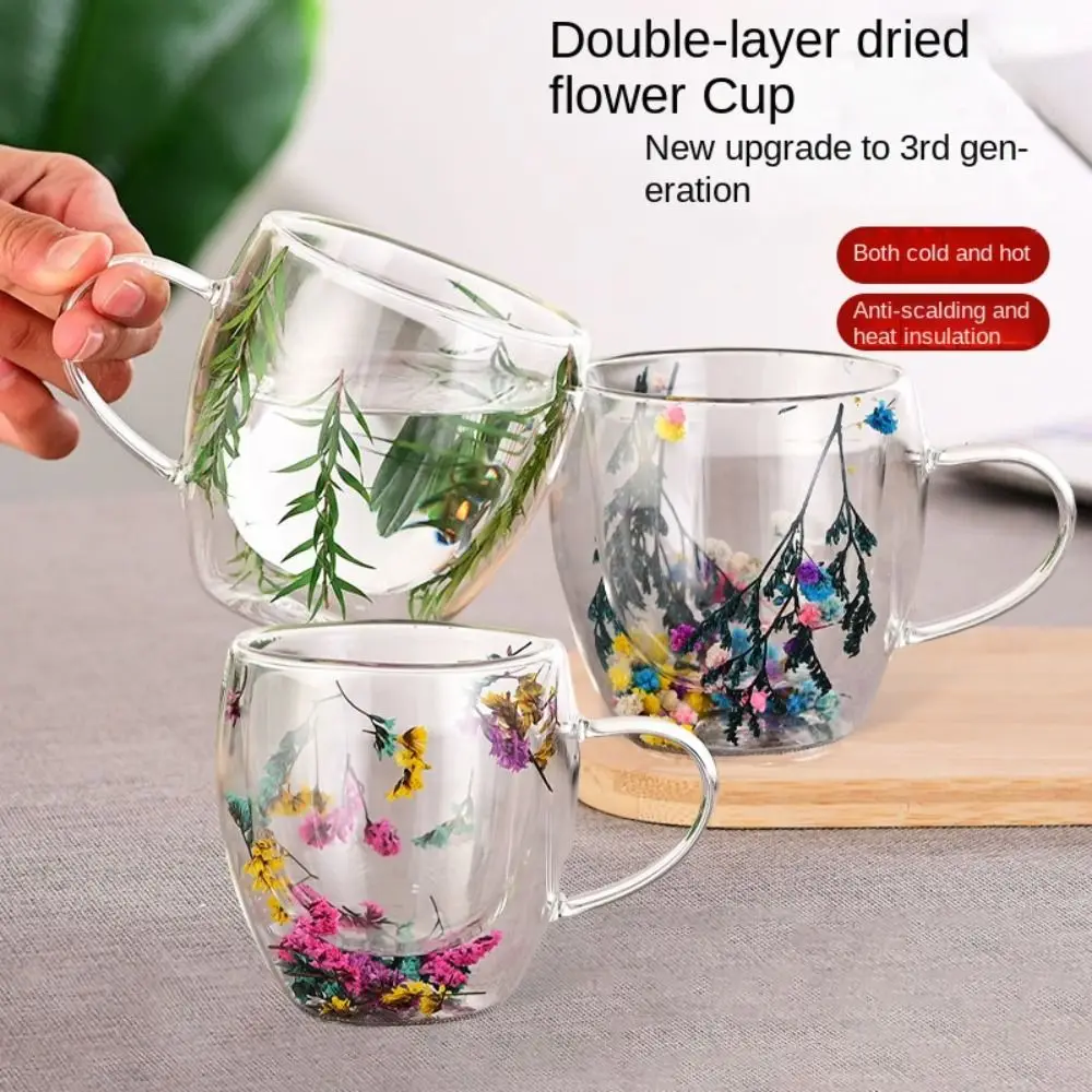 Creative Double Wall Coffee Mug Real Dried Flower Filler Glass Cups Tea Coffee Cup With Handles Heat Resistant Mug Gift