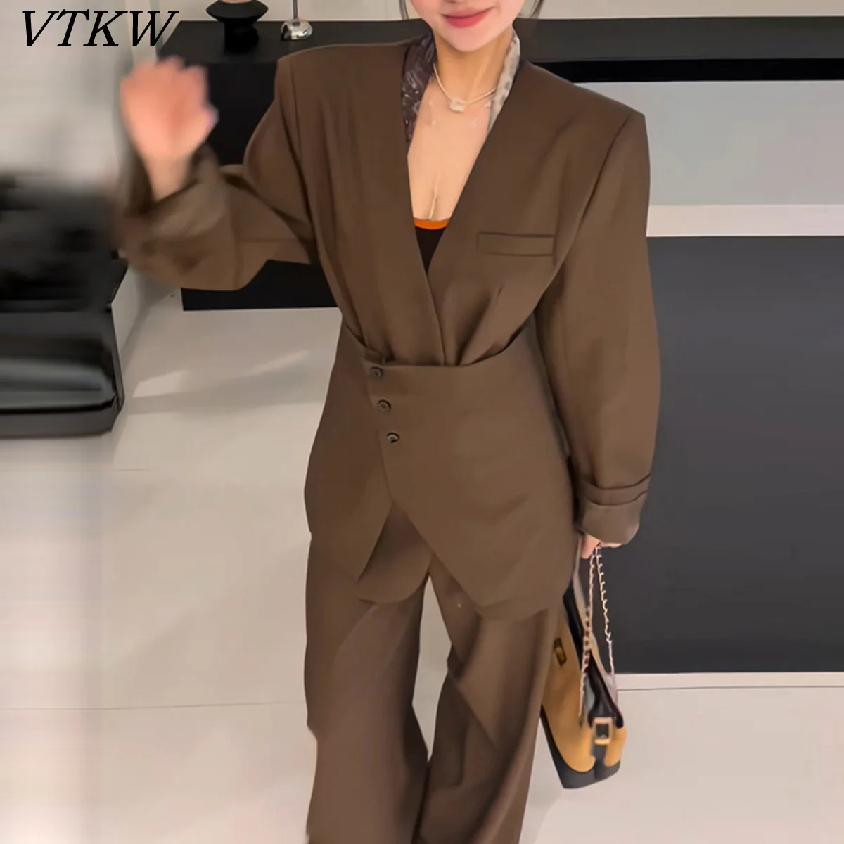

VTKW Deep V Solid Color Irregular Waist Design Versatile Stylish 2025 Spring High-quality Irregular Loose Long Pants Jacket Set