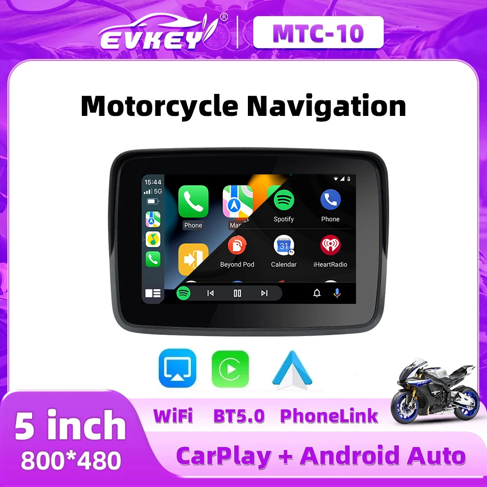 EVKEY 5.0inch Motorcycle Navigation  CarPlay Display Screen Portable Motorcycle Wireless Android Auto Monitor