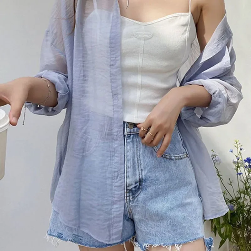 

Long Sleeved Thin Cardigan Women Casual White screen Shirt Summer All Match Lazy Wind Loose Chiffon Shirts