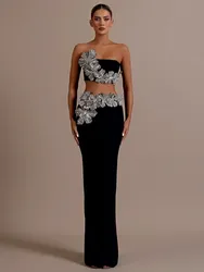 Women Sexy Strapless Flower Diamonds Crystal Black Maxi Long Bandage Skirt Set 2024 Knitted Elegant Evening Club Party Clothing