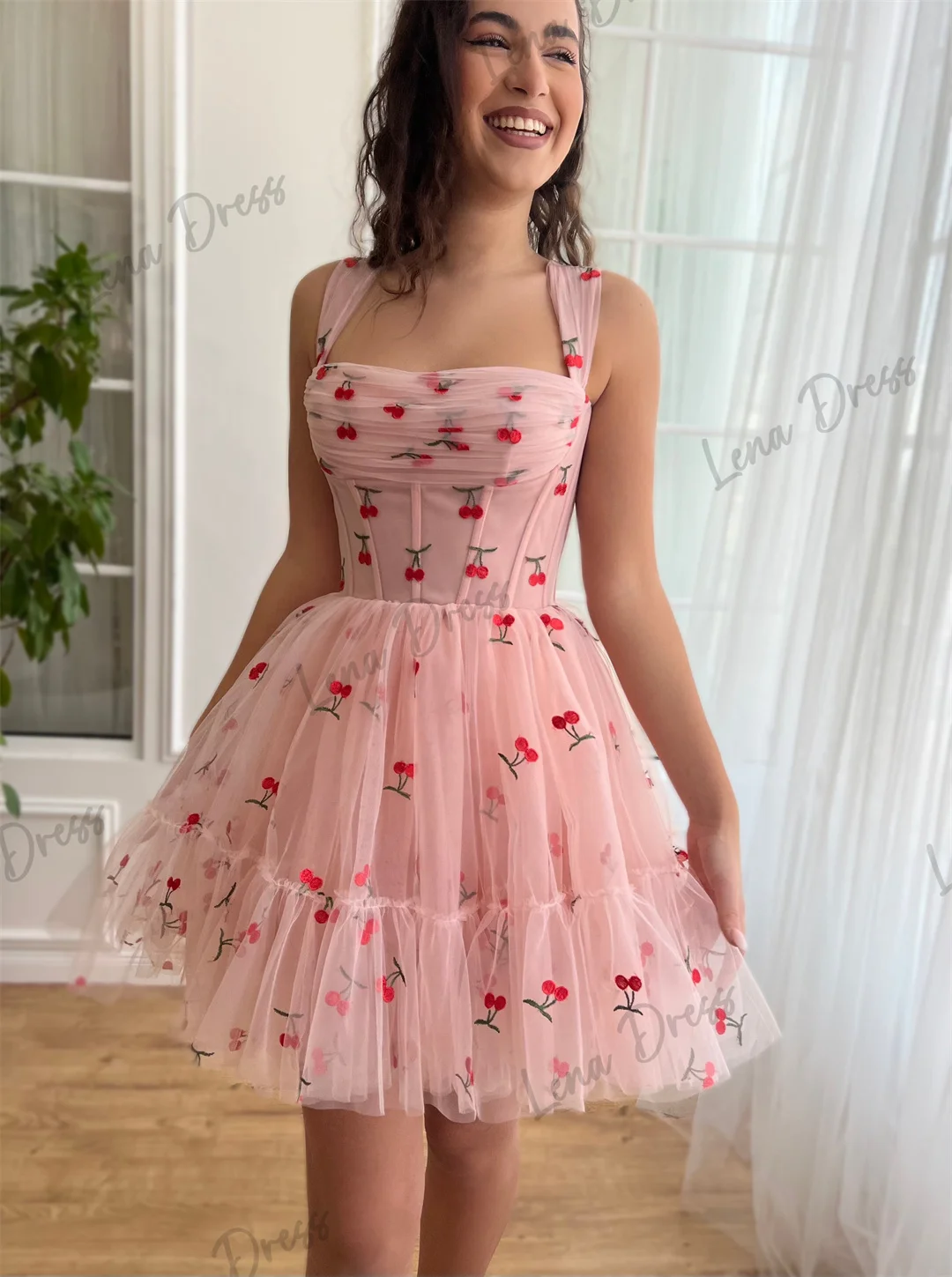 Lena-2024 Pink sheer cherry sleeveless knee length short skirt with back strap suitable for various occasions, ball and evening