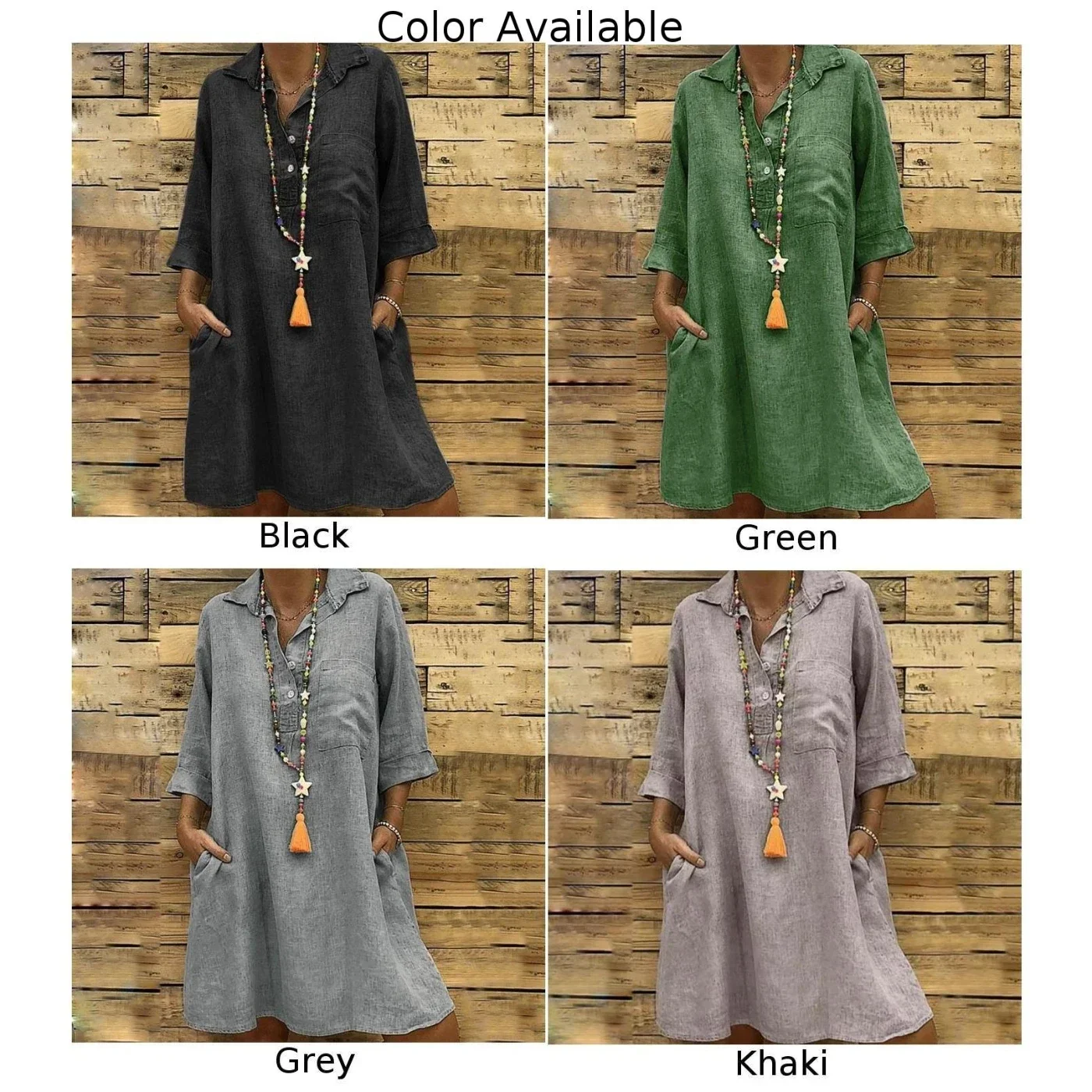 Women's Cotton Linen 3/4 Sleeve Shirt Dress Plus Size Sundress Loose Plain Swing Dress In Khaki Green Grey And Black