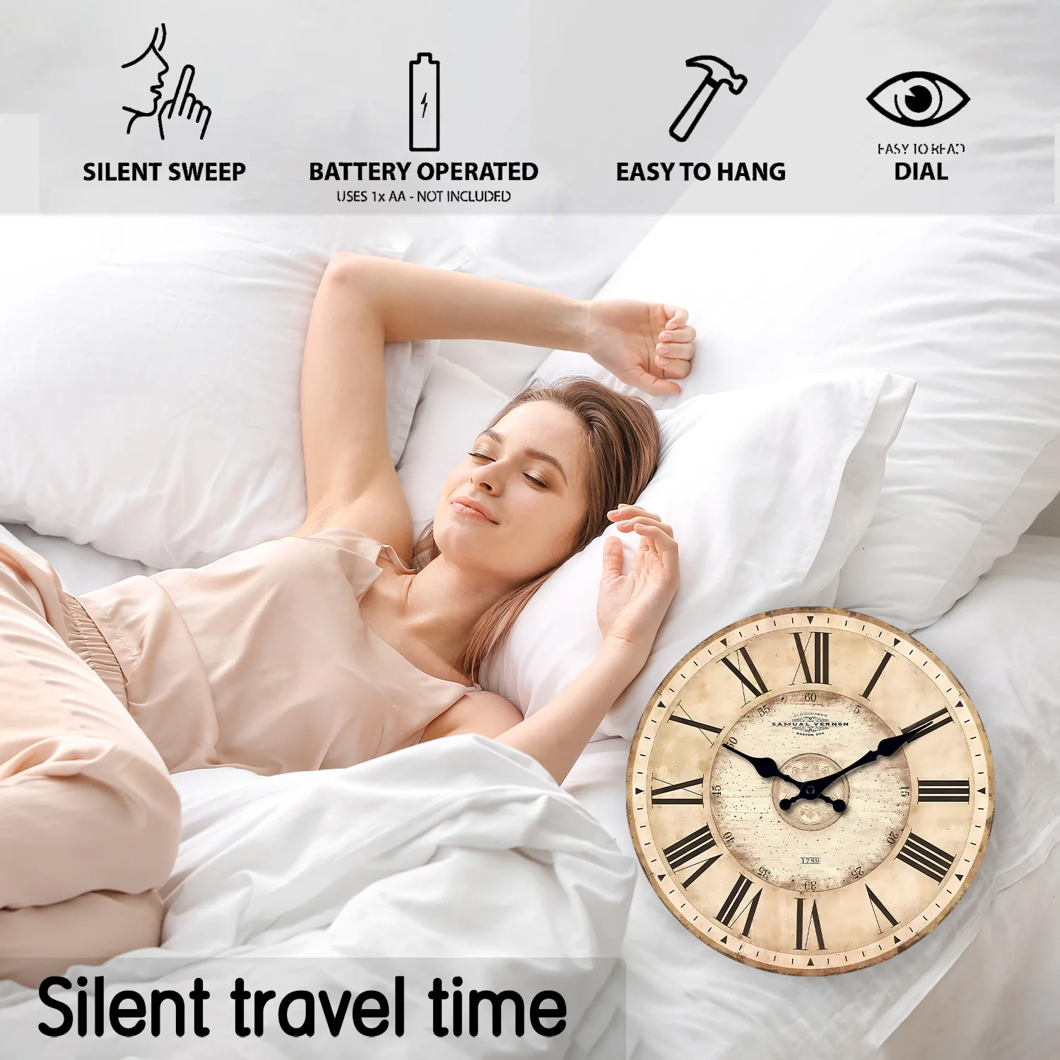 American Retro Roman Numeral Pattern Wooden Wall Clock for Living Room, Bedroom, Kitchen, Home Decoration, Silent Quartz Clock, Holiday Gift, 10-Inch, 12-Inch 14inch 16inch (Without Battery)