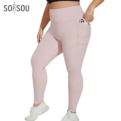 SOISOU XL~4XL Gym Leggings Yoga Oversized Women's Pants Two Side Pockets Tight Breathable Elastic High Waist Womens Clothing