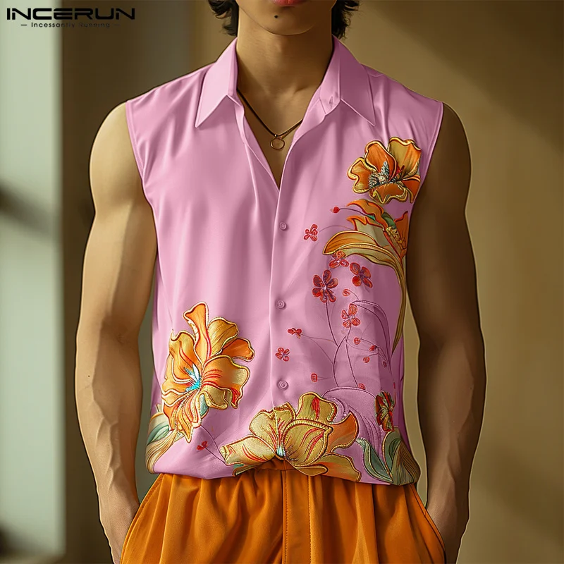 

INCERUN Men Shirt Flower Printed Lapel Sleeveless Button Streetwear Summer Male Vests Vacation Fashion Casual Men Clothing S-5XL