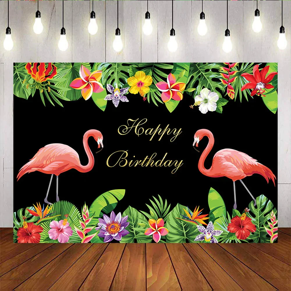 

Flamingo Summer Floral Plam Leaves Background Tropica Hawaii Floral 1st First Birthday Baby Shower Party Decor Backdrop Banner