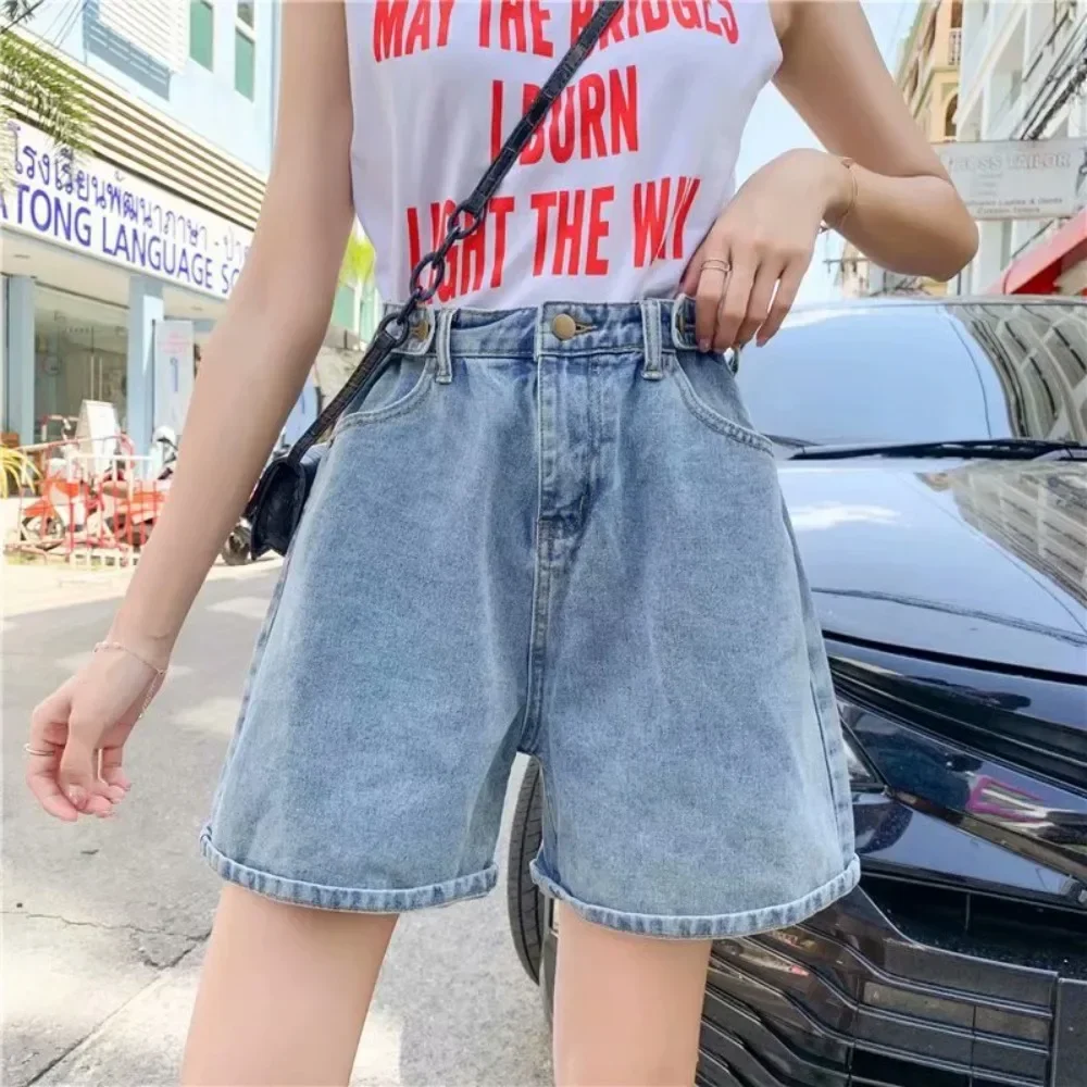 

Designed High-waisted Denim Shorts for Women Summer Thin Versatile Straight-leg Mid-length Pants Loose A-line Five-quarter Pants