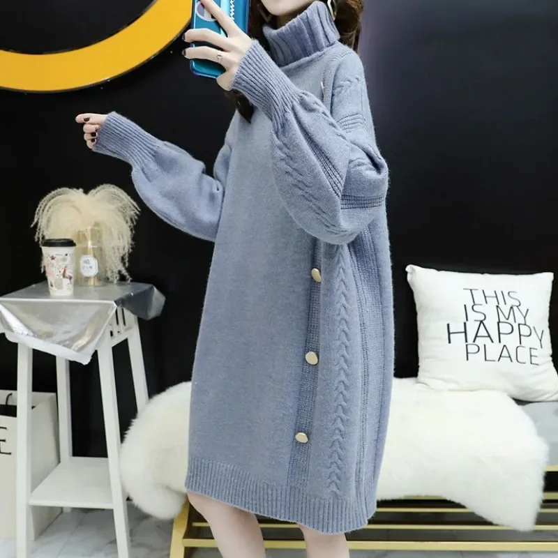 

Women Turtleneck Oversized Knitted Dress Autumn Winter Solid Long Sleeve Casual Elegant Mini Sweater Dress Winter Clothes R118