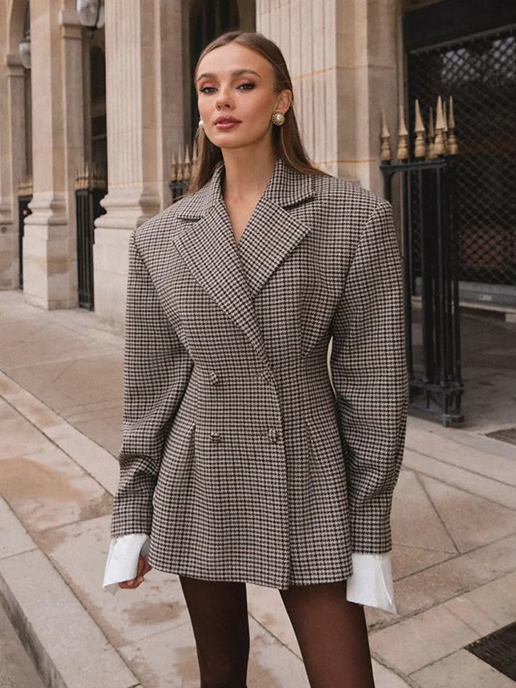 Women Vintage Plaids Double Breasted Blazer Coats Fashion Lapel Lantern Long Sleeves Suit Jacket Autumn Chic Lady Street Wear