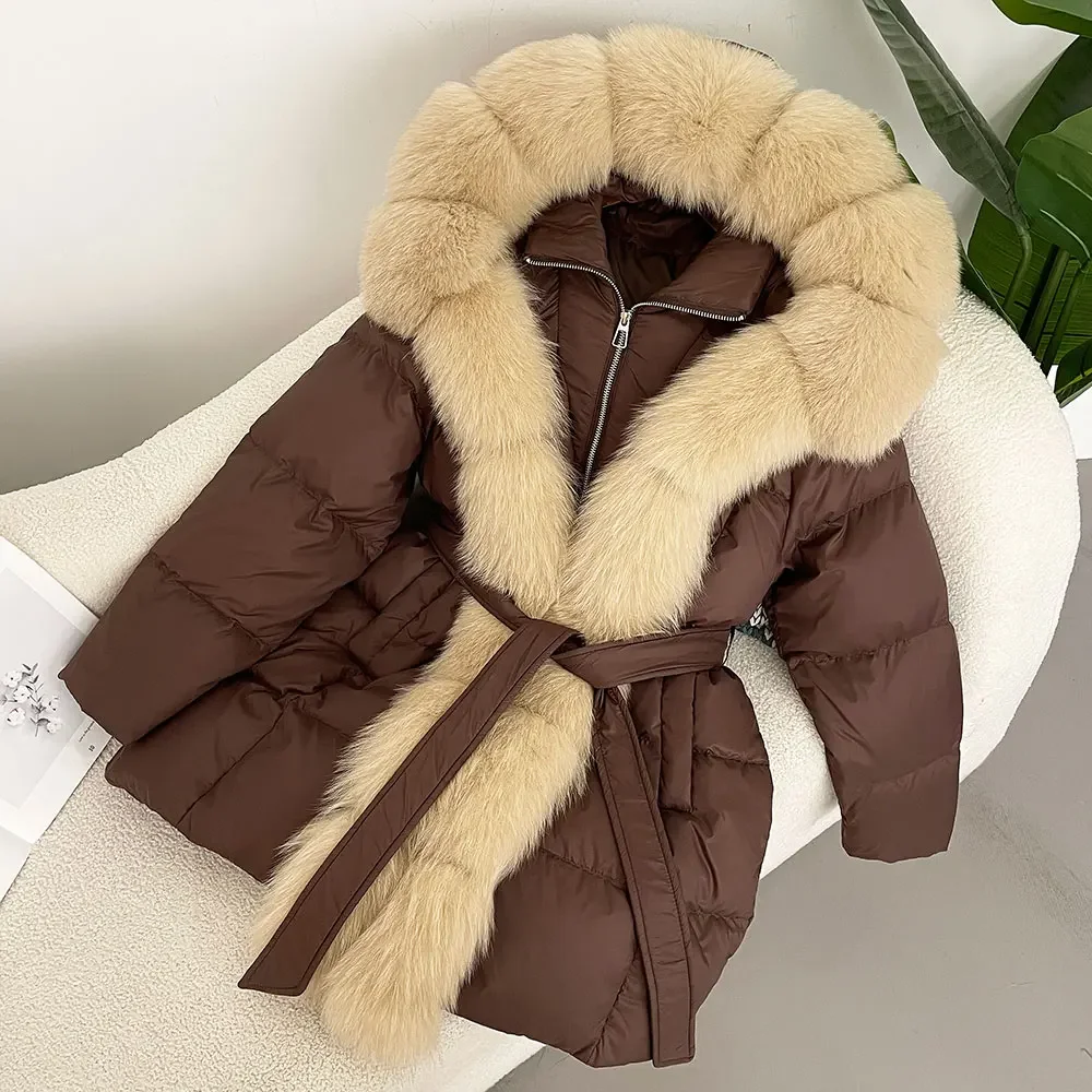 Luxuriöse Winter Frauen Mantel Echte Natürliche Fuchs Pelz Kragen Dicke Warme Jacke Casual Weiße Ente Unten Outwears Mid-länge streetwear