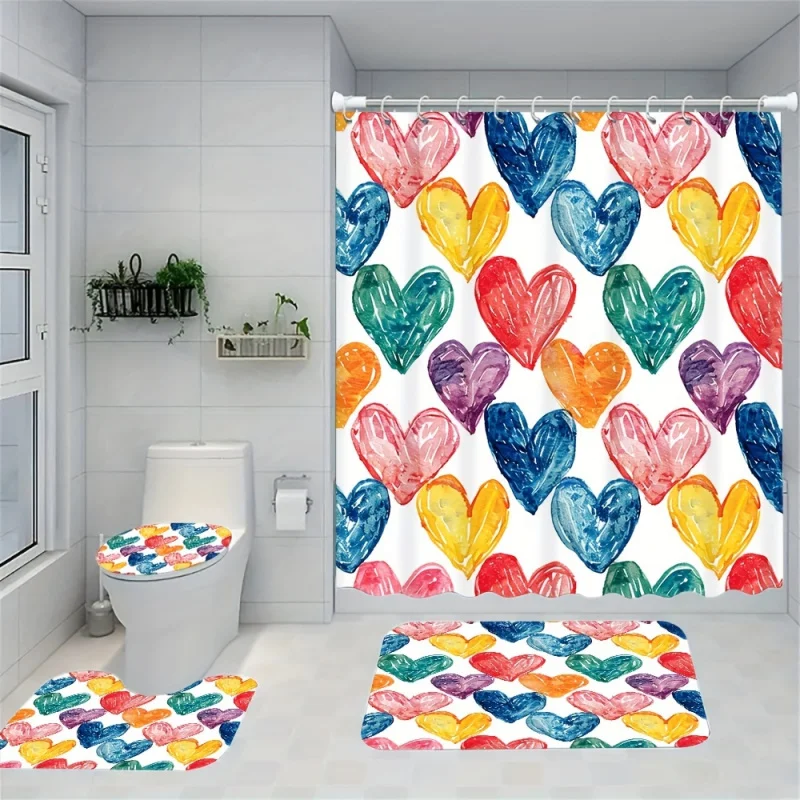 Colorful Heart Print Bathroom Set: Includes 12 Free Hooks, Waterproof Shower Curtain, Non-Slip Bath Mat, Toilet Seat Cover, Bath