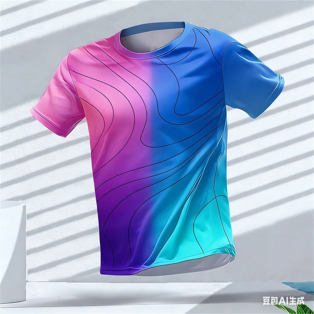 Modisches Streifenmuster 3D Farbblock-Print Herren T-Shirt Sommer Lässiger O-Ausschnitt Lockeres Oberteil Outdoor Laufen Fitness Sport Kurzarm – Detail 8