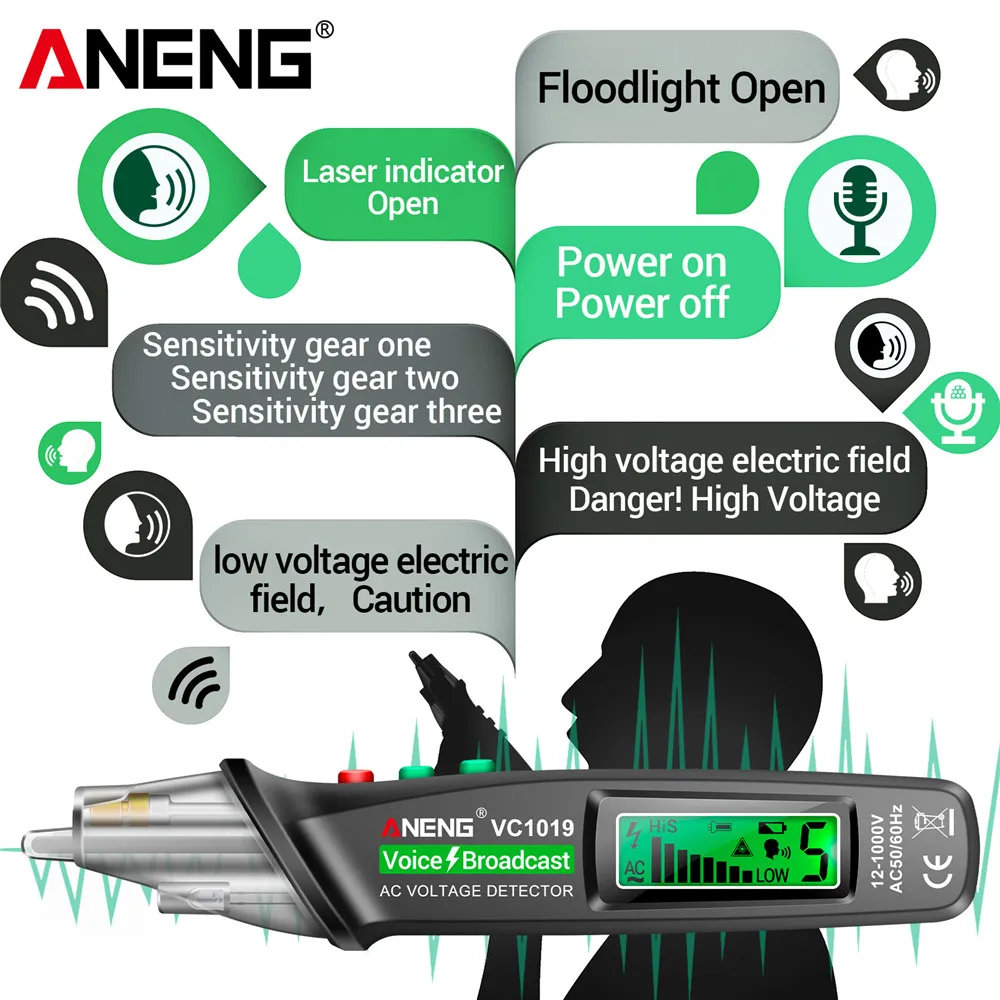 ANENG VC1019 テスターペン 音声放送付き 赤色レーザーポインター 非接触電圧検出 12-1000V AC/DC 電流検出
