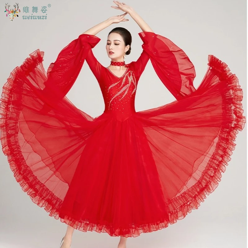 Modernes Tanzkostüm für Damen, High-End-Lotusblatt-Ärmel, Pendel, Walzer, Tango, Foxtrott, Performance, Ballsaal, Tanzwettbewerbskleid