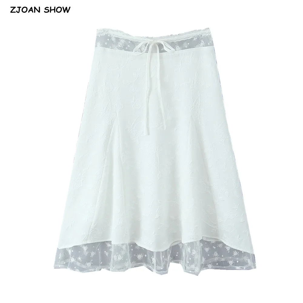 

2025 Holiday White Spliced Lace Bow Waist Midi Long Skirt Women Back Zipper Swing A-lined Skirts Boho