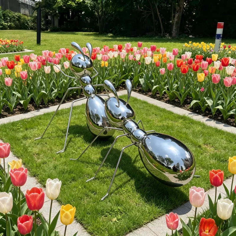 Large Park Landscape Stainless Steel Ant Mirror Sculpture Outdoor Furnishing Artwork Metal Casting Garden Decor