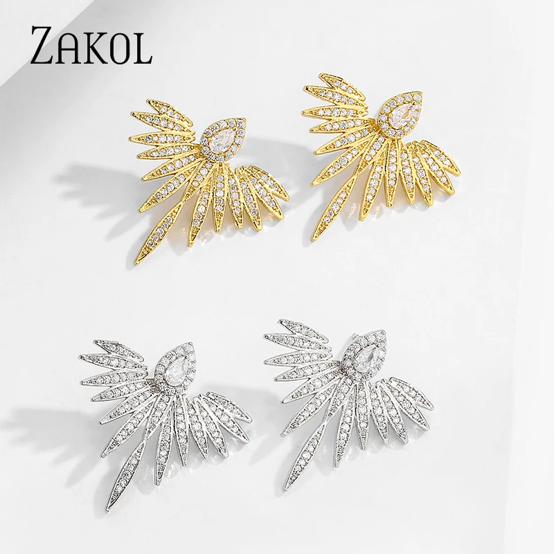 ZAKOL Elegant Feather Shape Gold Color High Quality Cubic Zirconia Jewelry Party Stud Earrings for Women