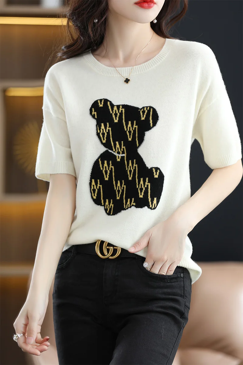 

Summer New 100% Cotton Short Sleeve Women's Round Neck Bear Embroidery Pattern T-shirt Loose Versatile Knitted Half Sleeve Top