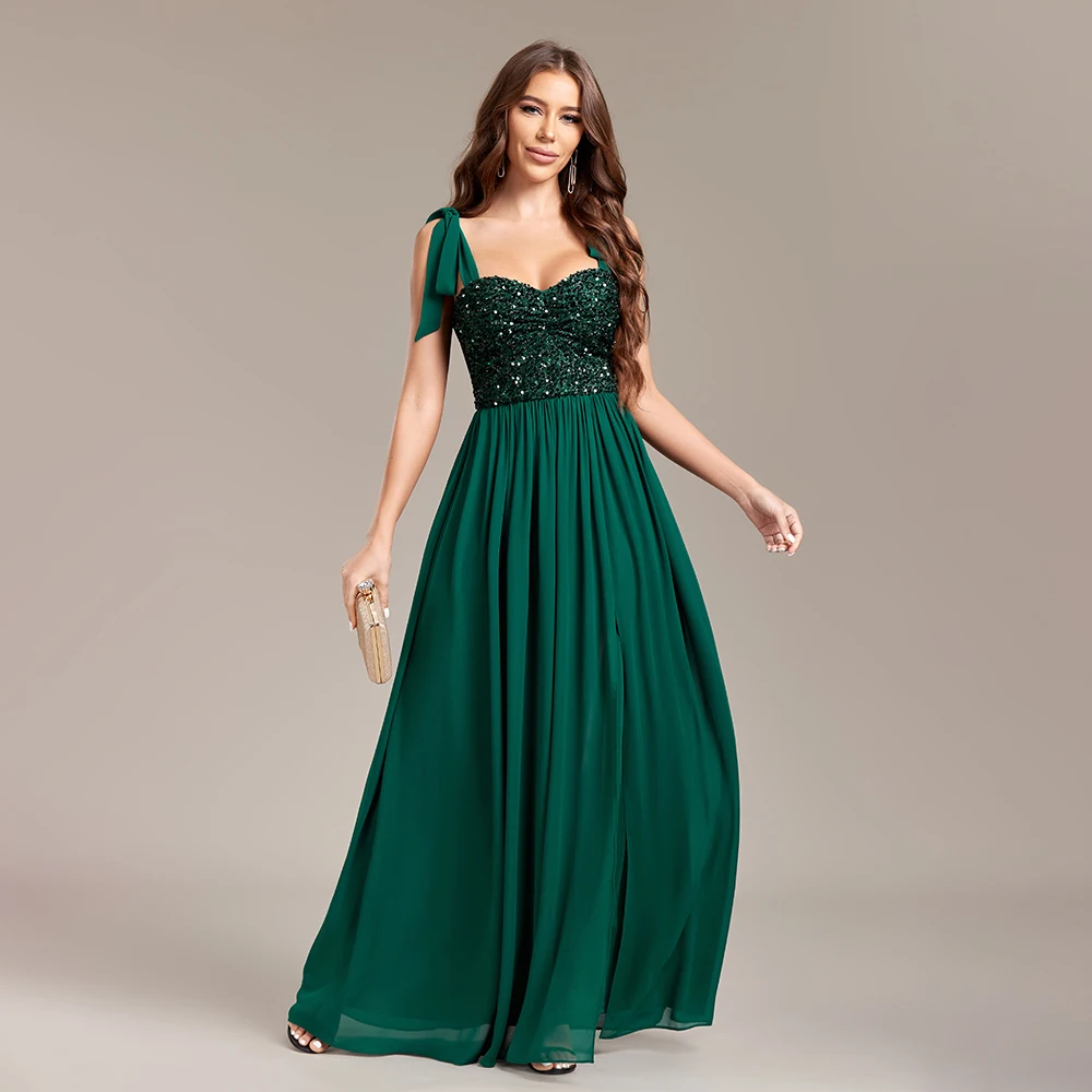 Sleeveless Activity Lace Up Evening Dresses Dark Green Long Birthday Party Gown Elegant A-Line Sequin Chiffon Formal Dress