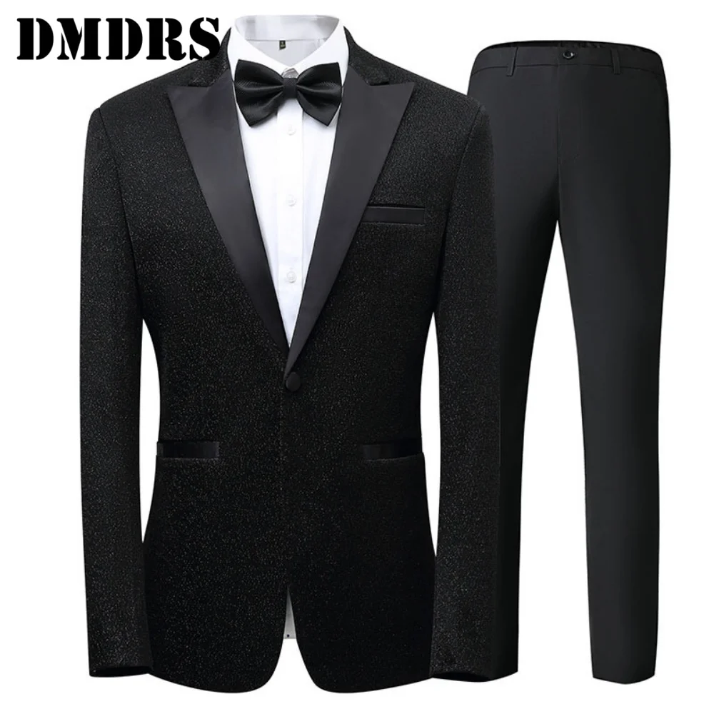 Lussuoso uomo 2 pezzi giacca pantaloni papillon elegante completo da lavoro set per matrimoni sposo ufficio abbigliamento da uomo cerimonia di laurea